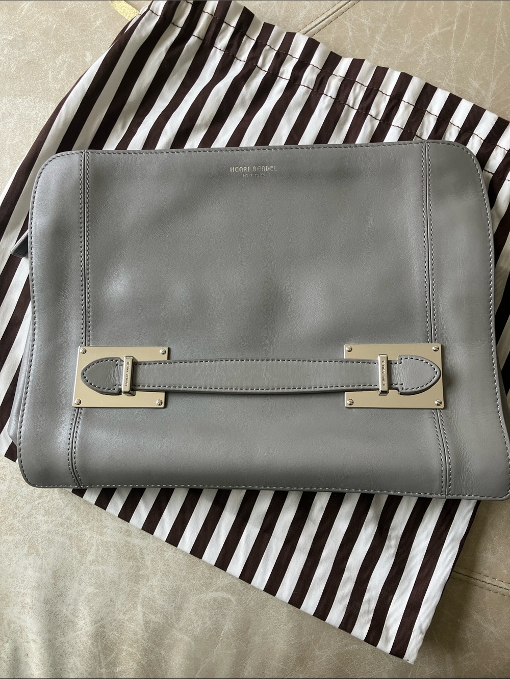 HENRI BENDEL whitney Gray Smooth Leather Clutch with Silver Hardware NWOT